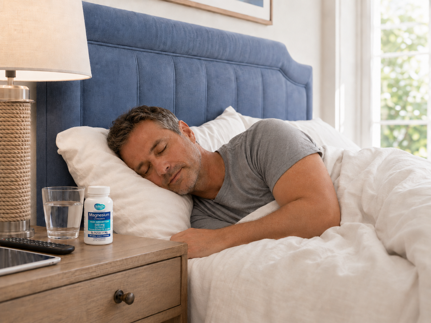 Man sleeping in bed with a bottle of schiffer magnesium supplements on the nightstand.