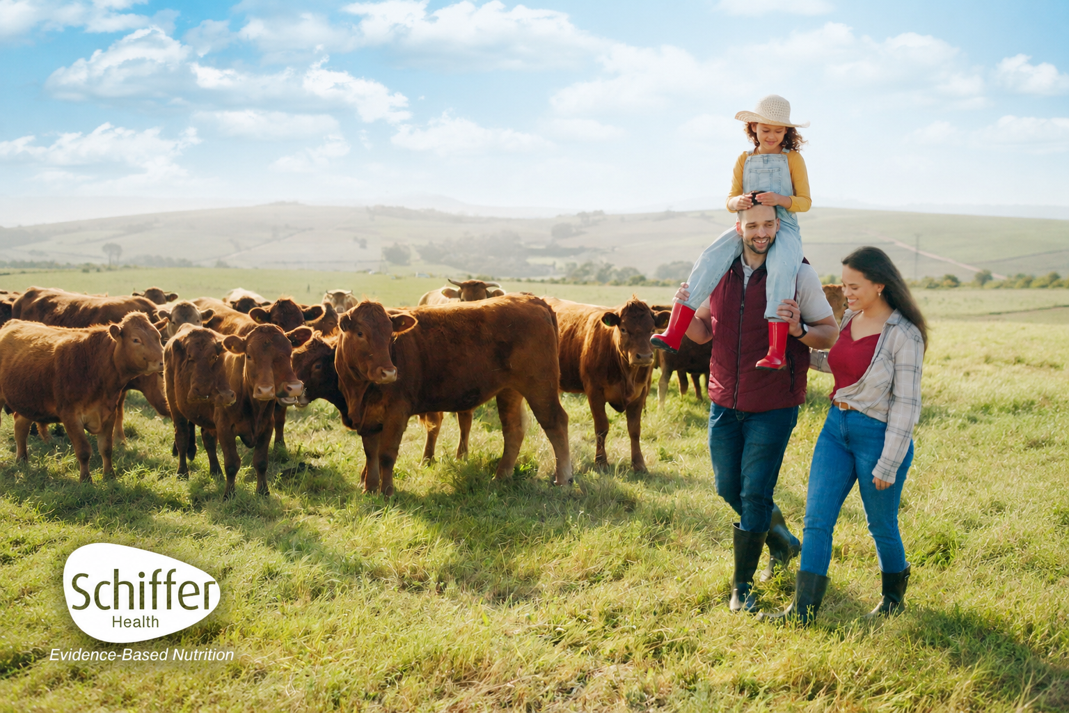 Family with a child on shoulders walking through a field with cows, Schiffer Health logo visible