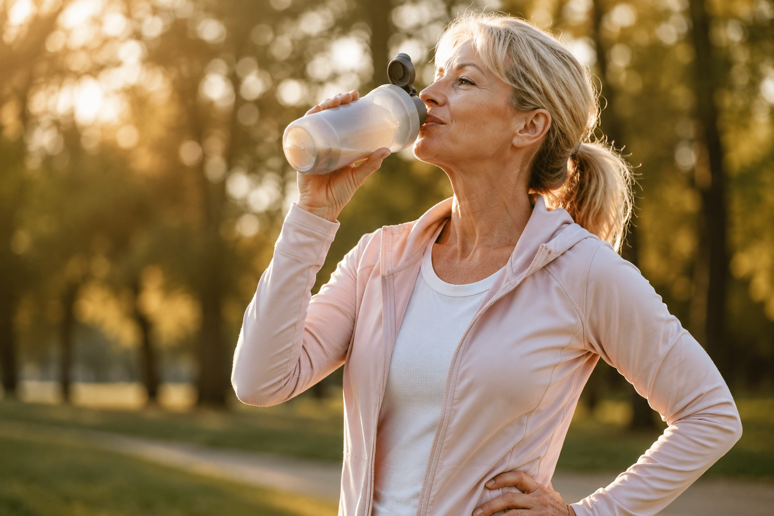 Woman in 60's drinking from bottle of colustrum outdoors